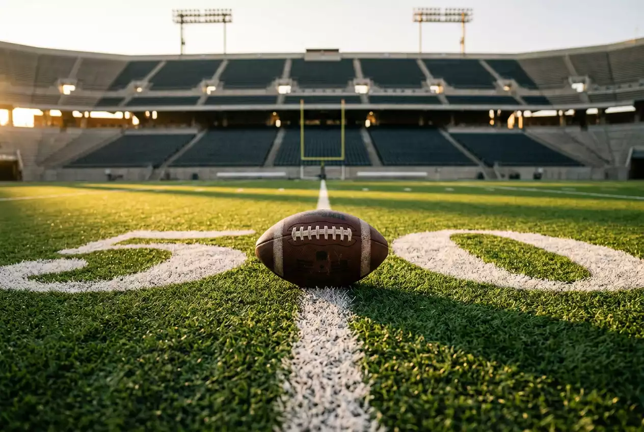 American football on a marked gridiron field under stadium lights at dusk