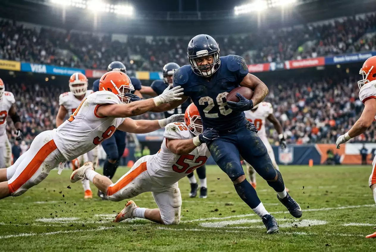 NFL running back carrying the football during a game with stadium crowd in the background