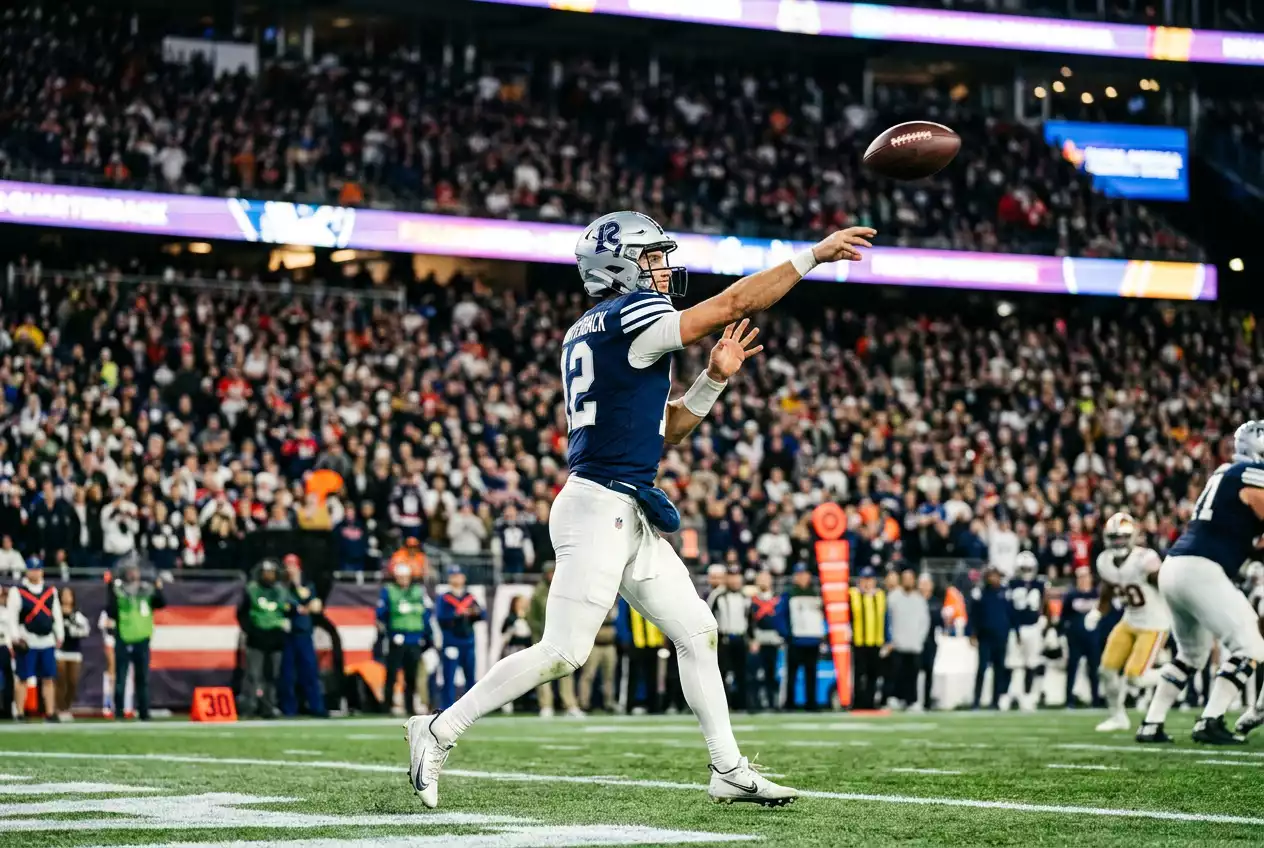 NFL quarterback throwing a pass during a game with prop betting yardage data overlay