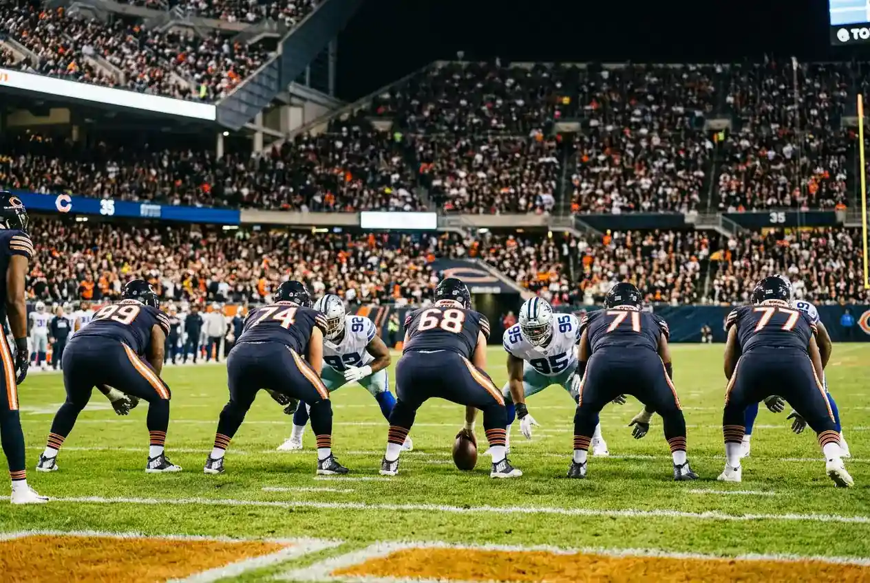 NFL players lined up at the line of scrimmage before a snap during a night game