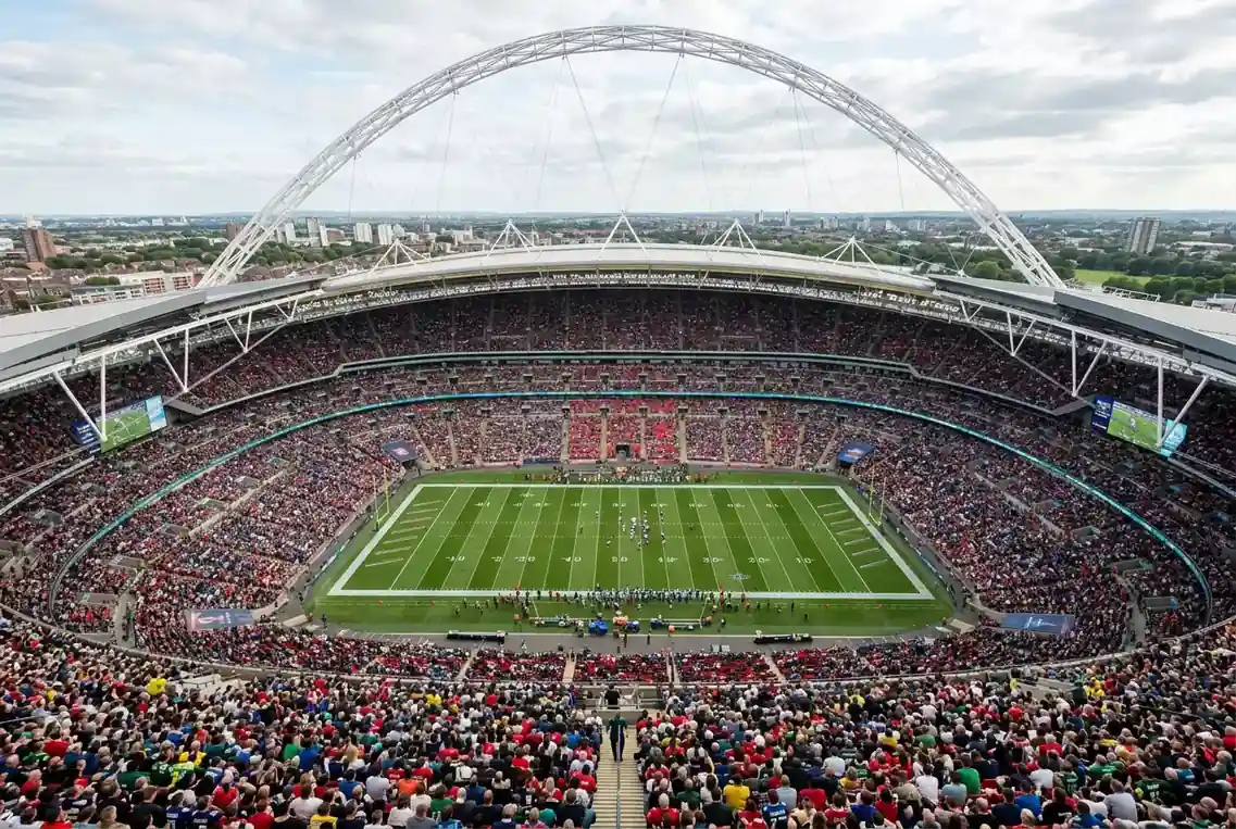 Packed Wembley Stadium during an NFL London Game with American football field markings