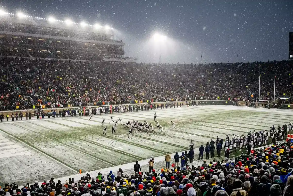 Snow falling on an open-air NFL stadium with yard-line markings visible through the snow